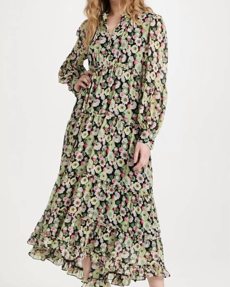 Front of a model wearing a size 10 Lucille Midi Dress In Prickly Pear in Prickly Pear by cinq a sept. | dia_product_style_image_id:346403